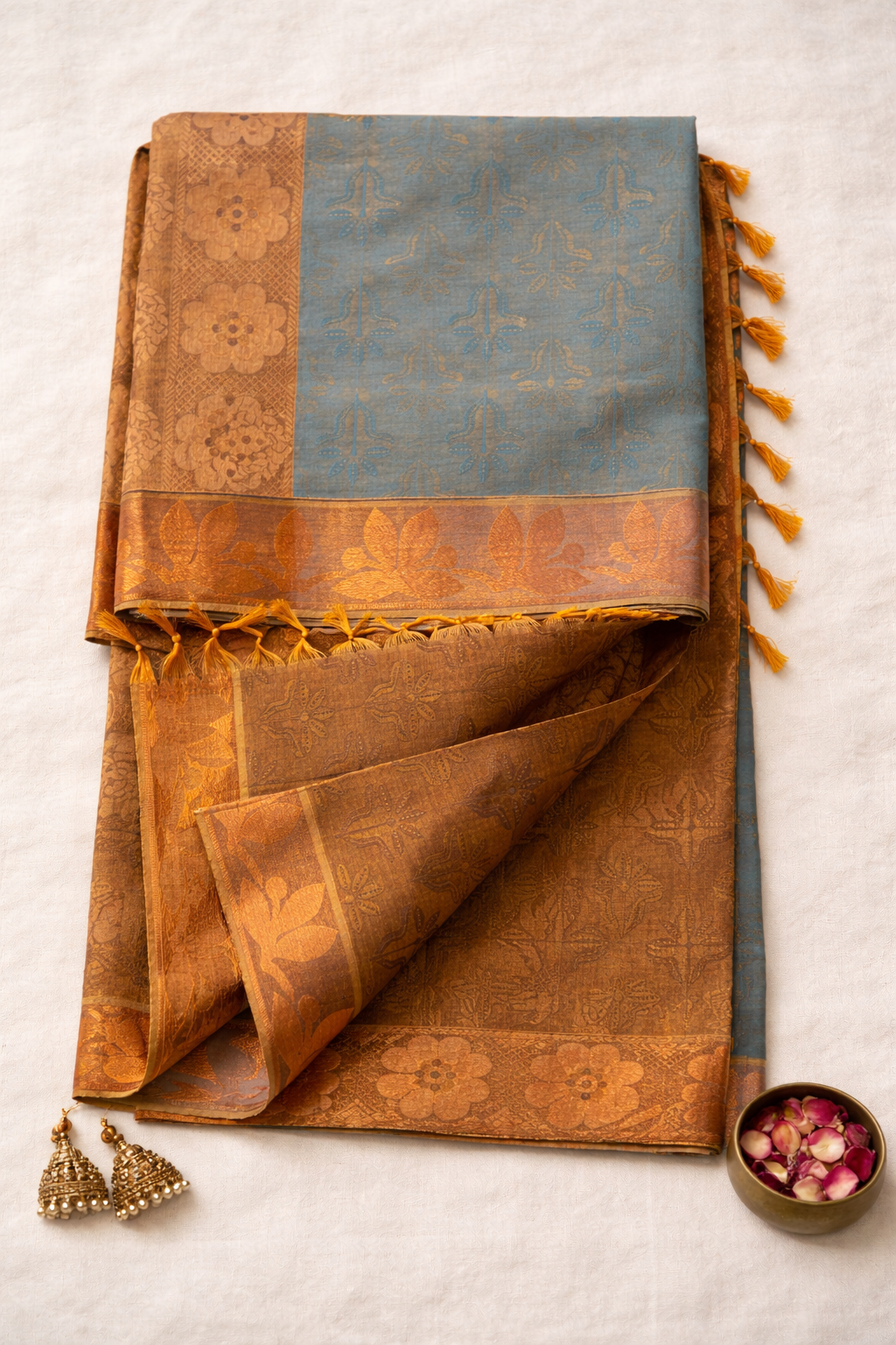 SAR-COT-PSTL-GRN-COPPER-001||COT PSTL-GRN-COPPER Saree