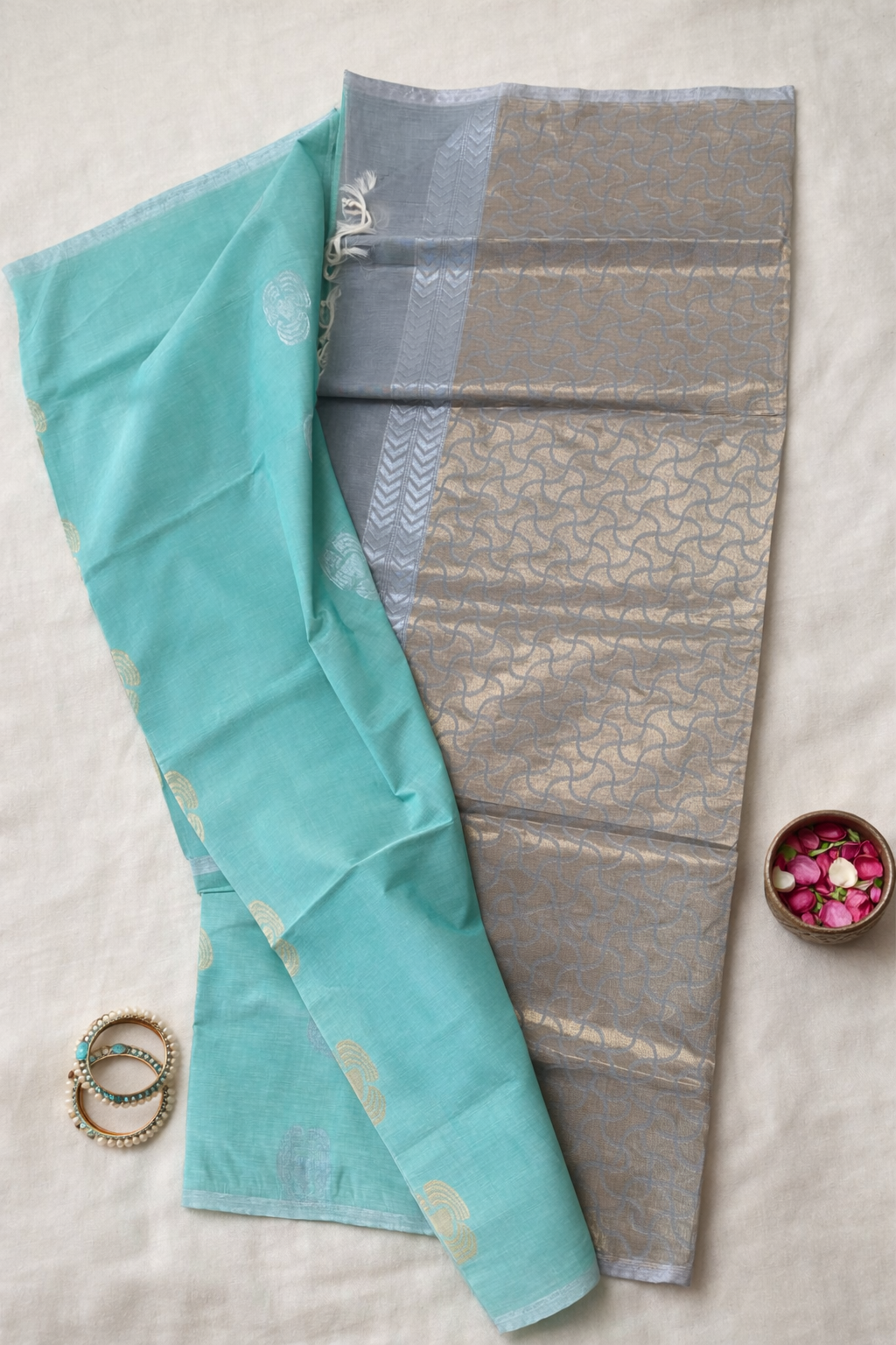 SAR-COT-AQUA-BLU-SILVER-001||COT AQUA-BLU-SILVER Saree