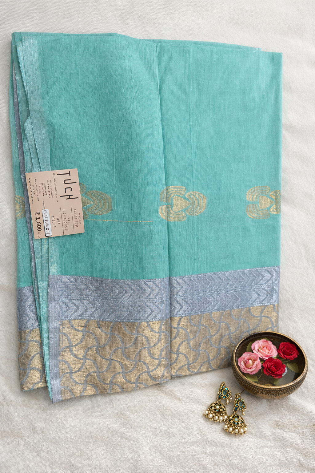 SAR-COT-AQUA-BLU-SILVER-001||COT AQUA-BLU-SILVER Saree