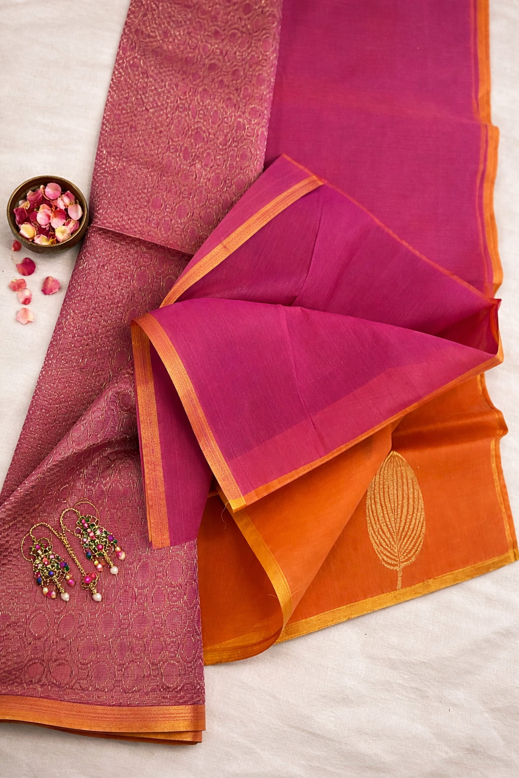 SAR-COT-ORNGE-PINK-001||COT ORANGE-PINK Saree