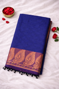 SAR-COT-DRK-BLU-VLT-001||COT DRK BLU VLT Saree