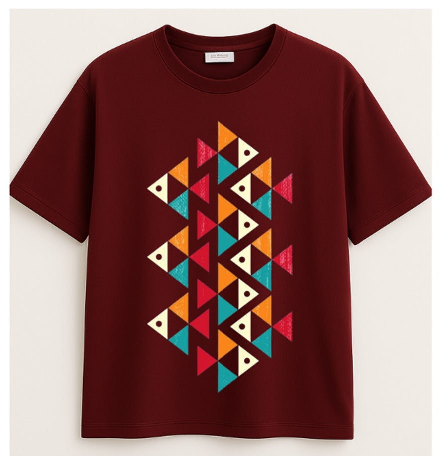 Maroon Geometric Tribal Art T-Shirt| Modern Ethnic Tee