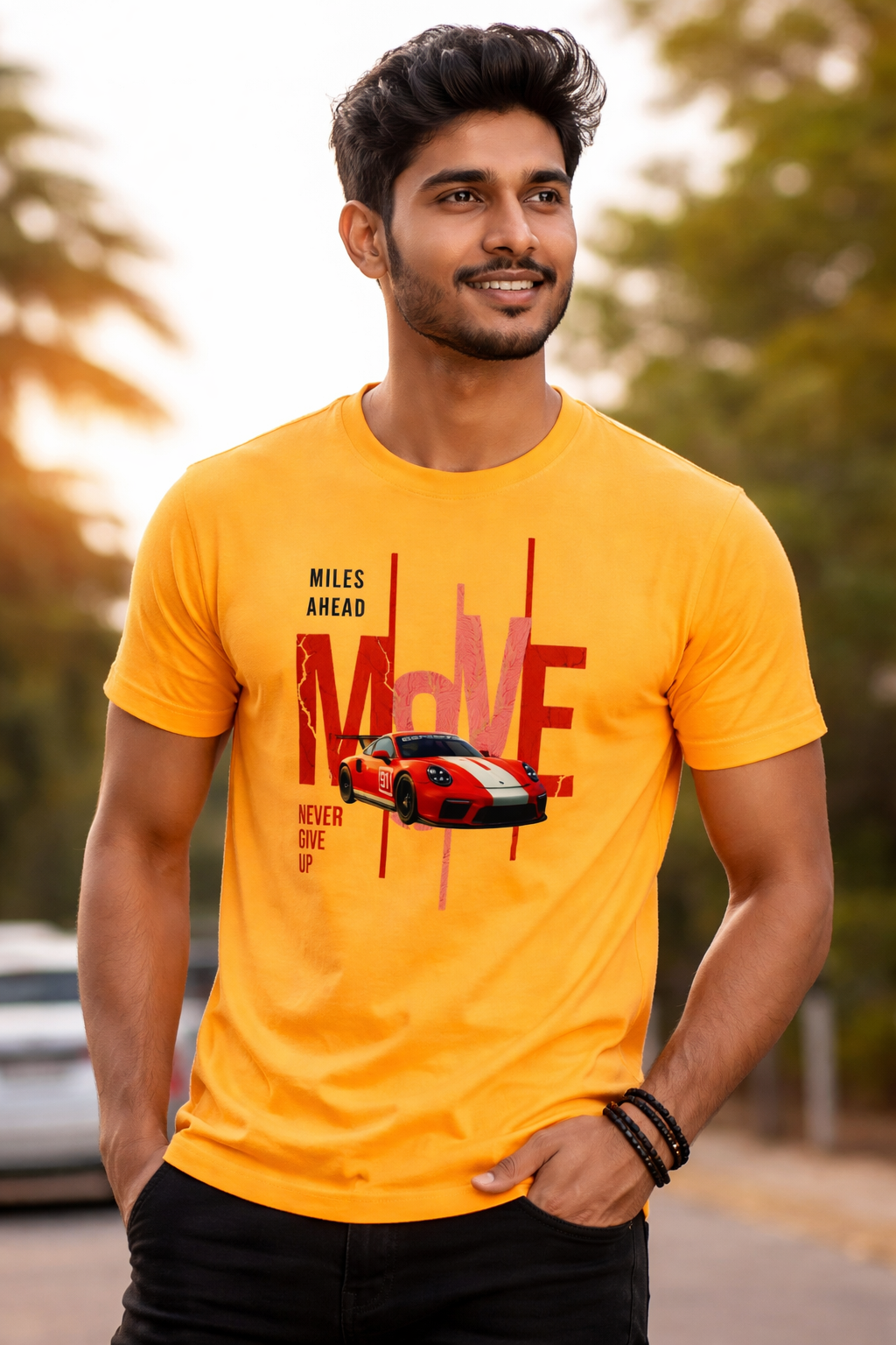 Miles Ahead Move – Motivational Racing Car T-Shirt