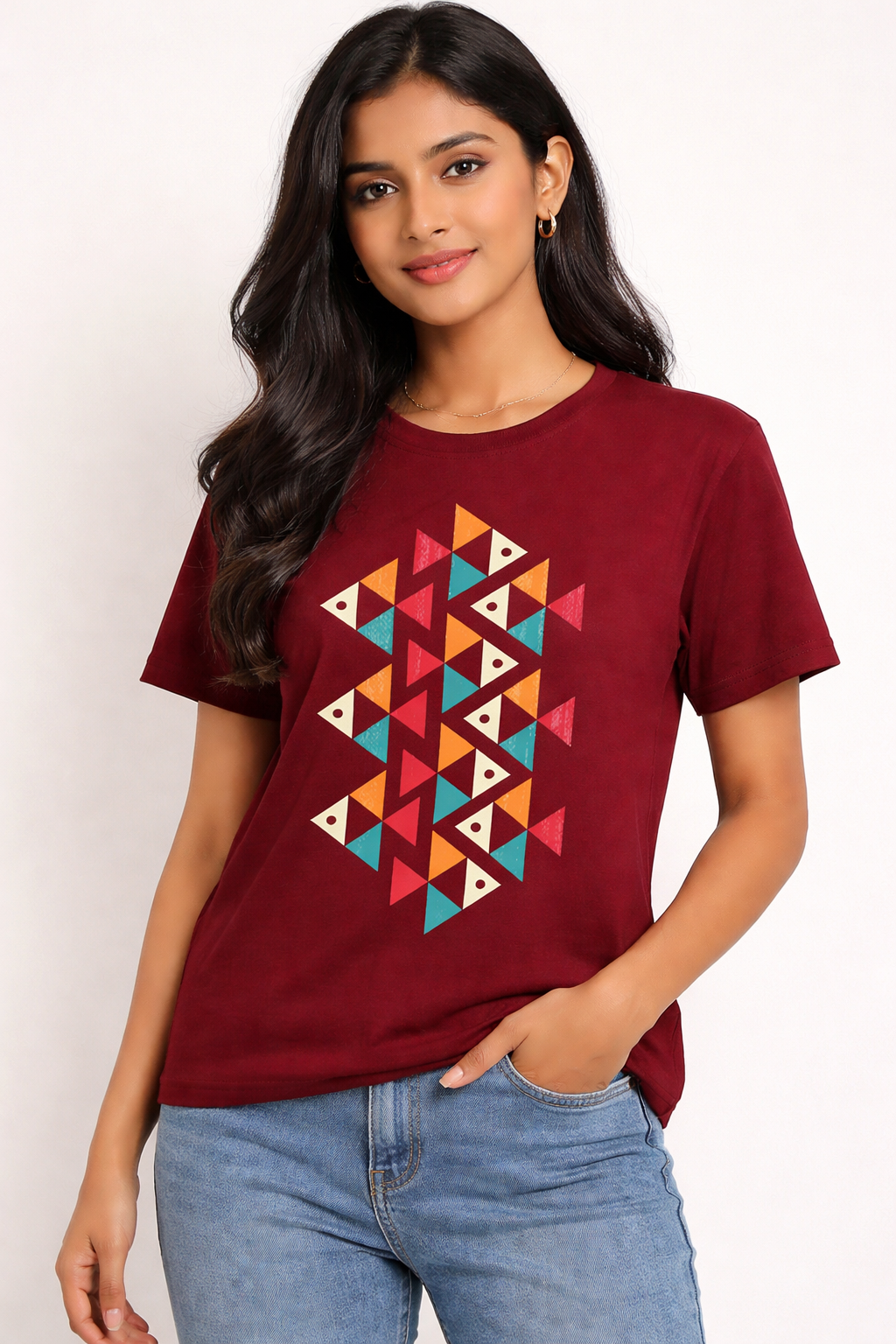 Maroon Geometric Tribal Art T-Shirt| Modern Ethnic Tee