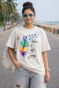 White Feather Art Graphic Printed Cotton T-Shirt