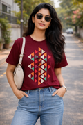 Maroon Geometric Tribal Art T-Shirt| Modern Ethnic Tee