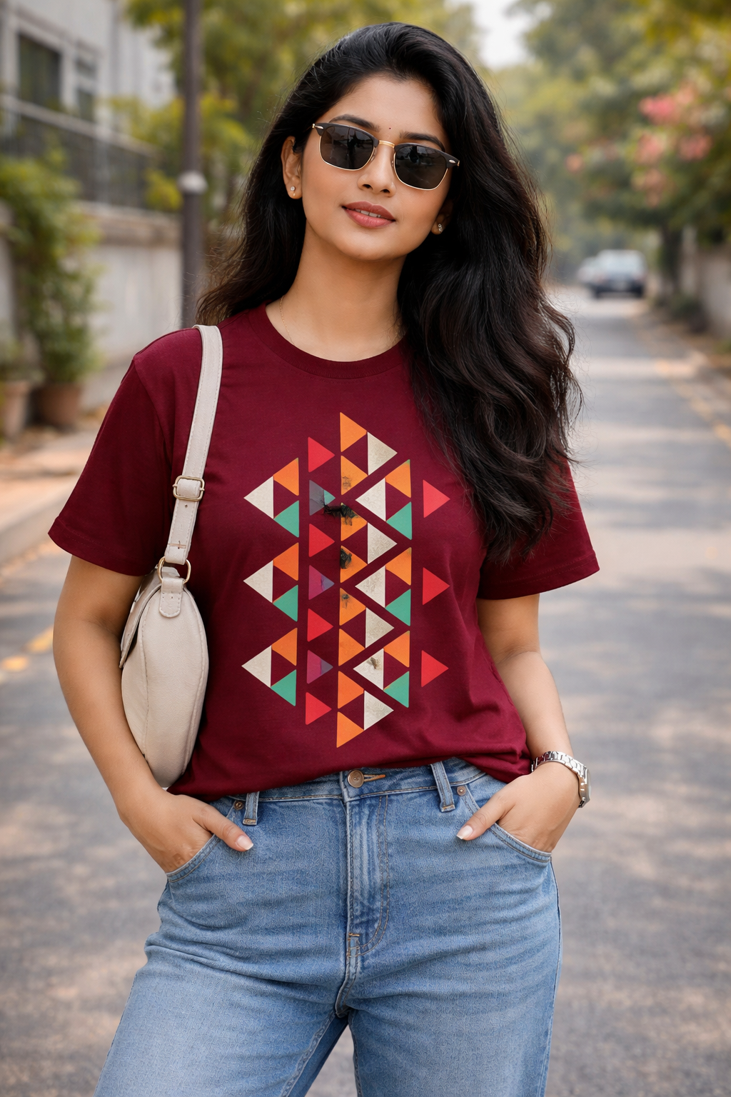 Maroon Geometric Tribal Art T-Shirt| Modern Ethnic Tee