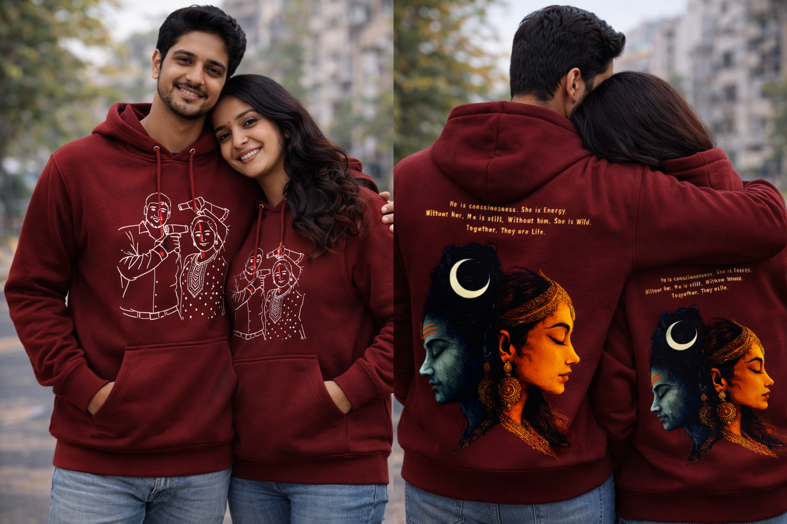 Couple Maroon Graphic Printed Hoodie – Consciousness & Energy Design