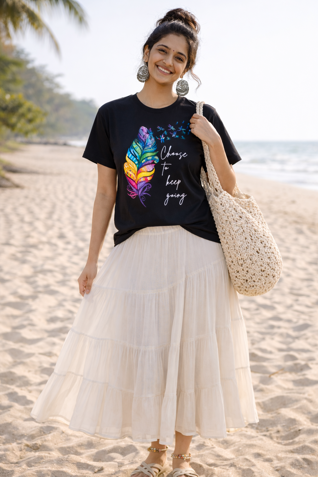 Black Feather Art Graphic Printed Cotton T-Shirt