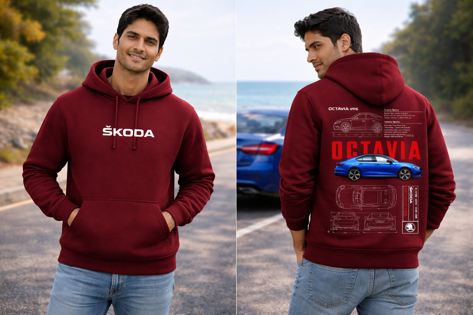 Skoda Octavia Graphic Printed Hoodie – Maroon