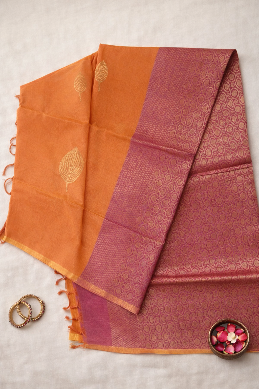 SAR-COT-ORNGE-PINK-001||COT ORANGE-PINK Saree